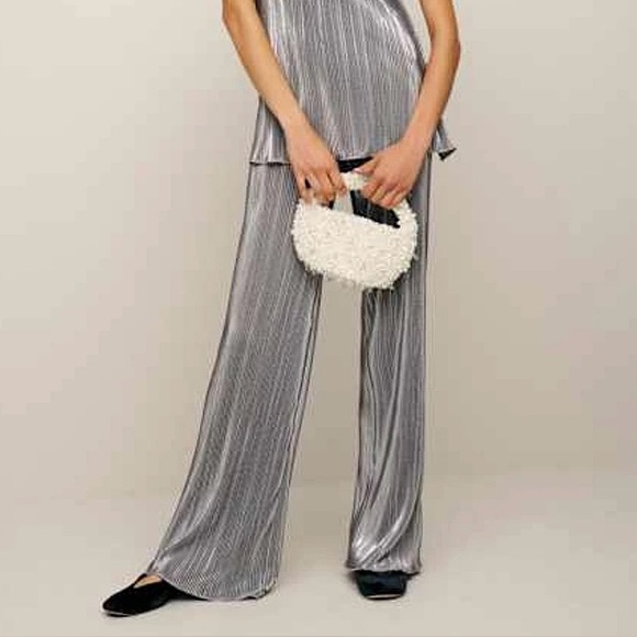 Reformation Elora Knit pants wide leg long length Silver metallic shine NWT - Picture 2 of 13